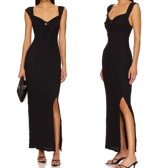 Free People Eleni Bodycon Maxi Dress in Black Smocked Side Slit Sweetheart L - Picture 8 of 13